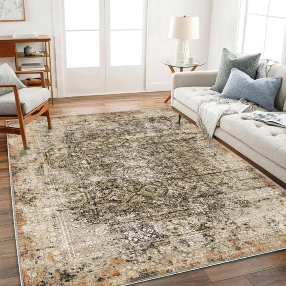 New 8x10 Washable Vintage Area Rug, Distressed Floral Non-Slip Thin Carpet